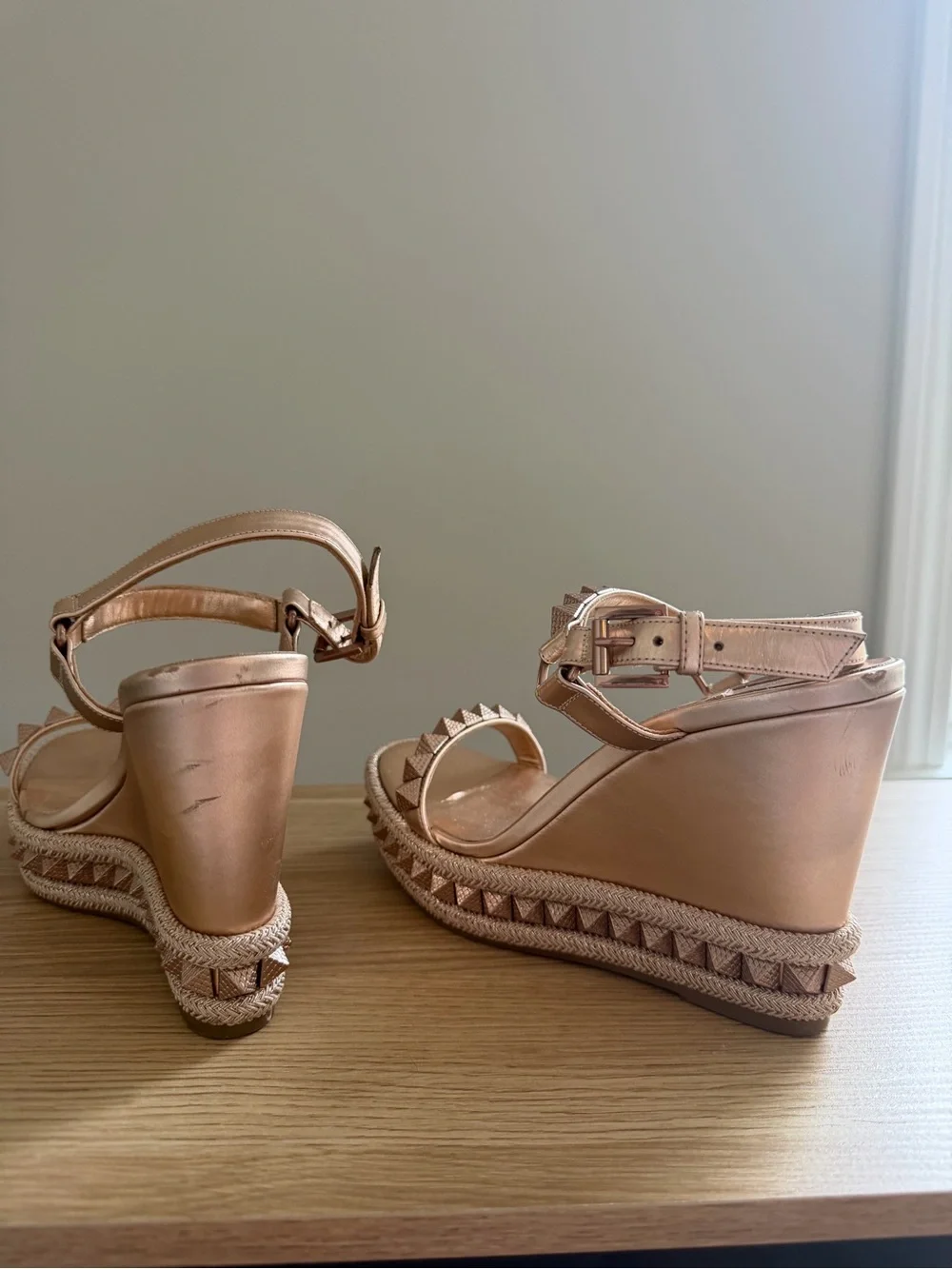 Christian Louboutin Rose Gold Studded Espadrille Wedges